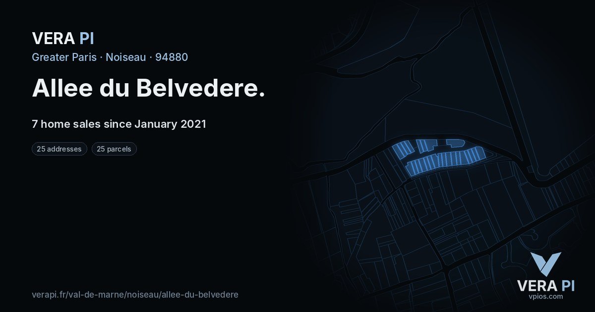 Allee du Belvedere, Noiseau at night – every parcel coloured by the prices around it, the street's own parcels lit