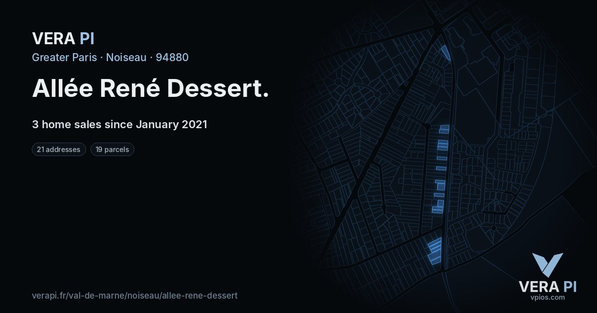 Allée René Dessert, Noiseau at night – every parcel coloured by the prices around it, the street's own parcels lit