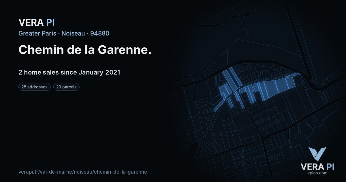 Chemin de la Garenne, Noiseau at night – every parcel coloured by the prices around it, the street's own parcels lit