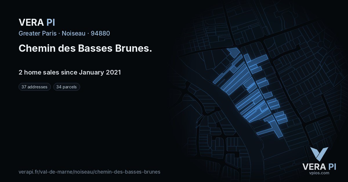 Chemin des Basses Brunes, Noiseau at night – every parcel coloured by the prices around it, the street's own parcels lit