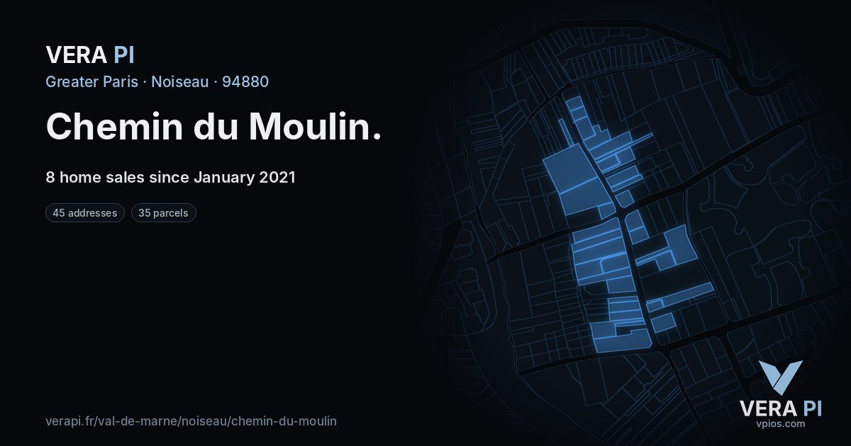 Chemin du Moulin, Noiseau at night – every parcel coloured by the prices around it, the street's own parcels lit