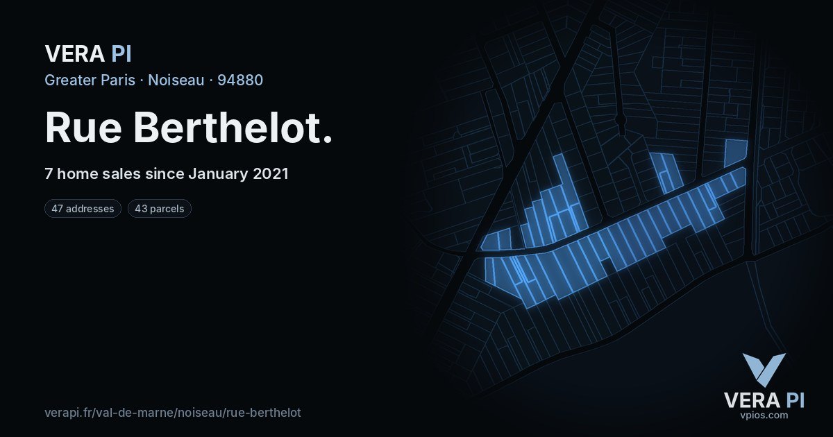 Rue Berthelot, Noiseau at night – every parcel coloured by the prices around it, the street's own parcels lit