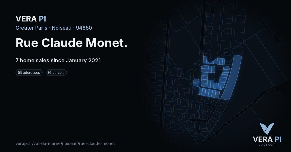 Rue Claude Monet, Noiseau at night – every parcel coloured by the prices around it, the street's own parcels lit