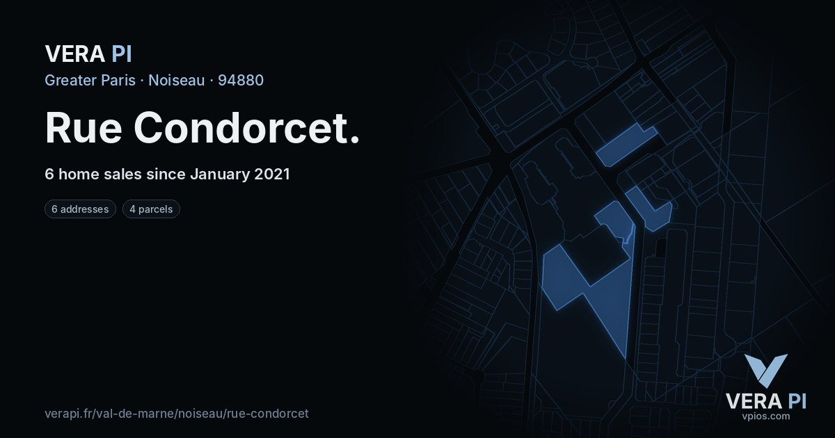 Rue Condorcet, Noiseau at night – every parcel coloured by the prices around it, the street's own parcels lit