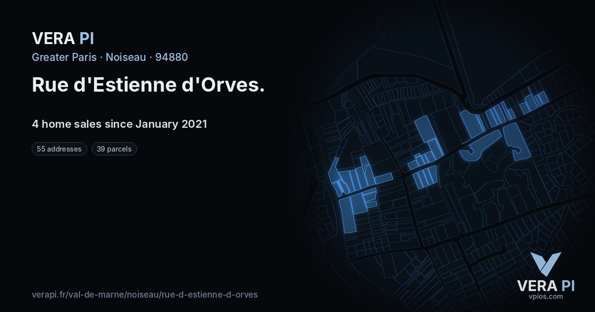 Rue d'Estienne d'Orves, Noiseau at night – every parcel coloured by the prices around it, the street's own parcels lit