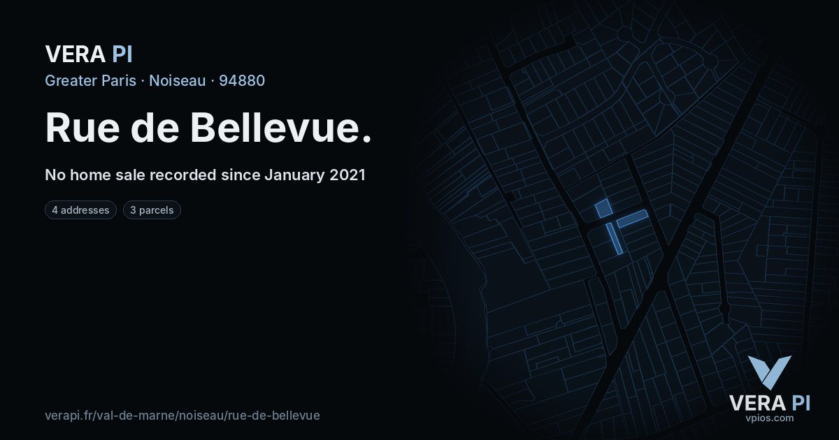 Rue de Bellevue, Noiseau at night – every parcel coloured by the prices around it, the street's own parcels lit