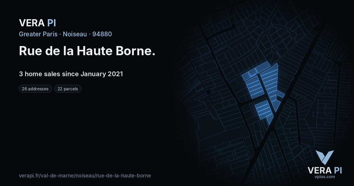 Rue de la Haute Borne, Noiseau at night – every parcel coloured by the prices around it, the street's own parcels lit