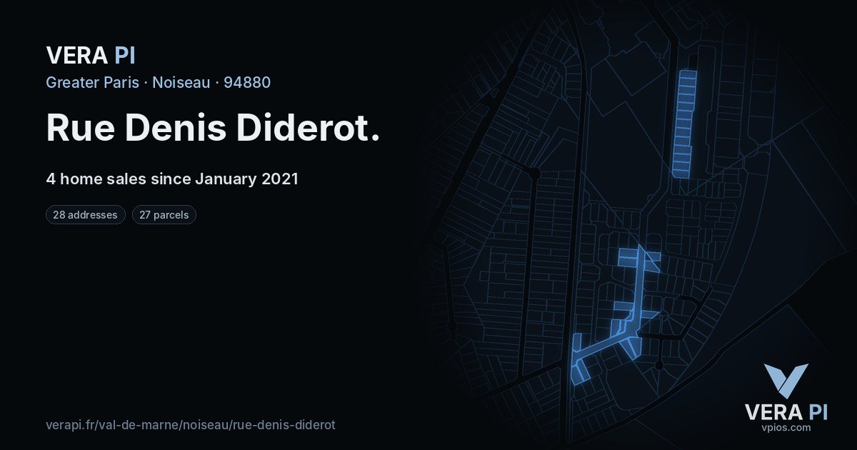 Rue Denis Diderot, Noiseau at night – every parcel coloured by the prices around it, the street's own parcels lit