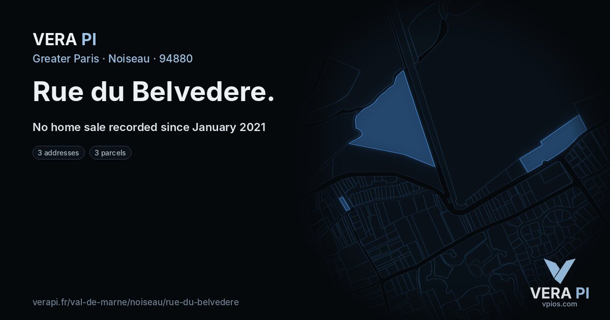 Rue du Belvedere, Noiseau at night – every parcel coloured by the prices around it, the street's own parcels lit