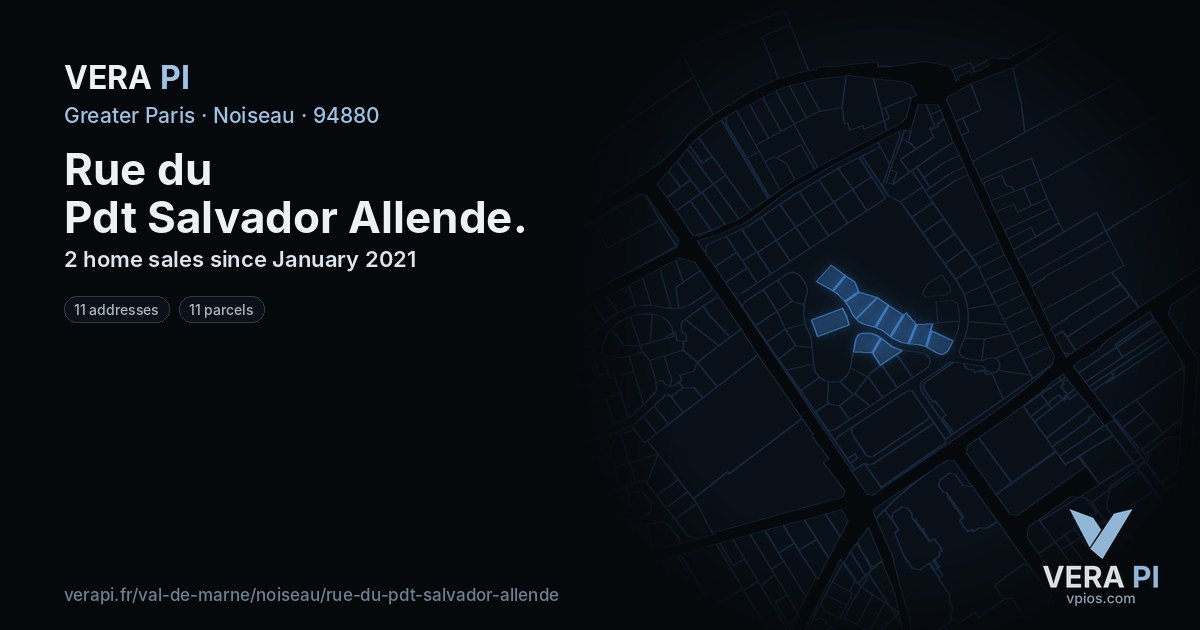 Rue du Pdt Salvador Allende, Noiseau at night – every parcel coloured by the prices around it, the street's own parcels lit