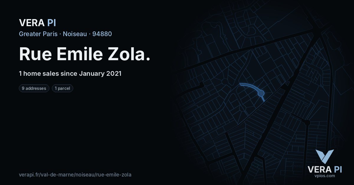 Rue Emile Zola, Noiseau at night – every parcel coloured by the prices around it, the street's own parcels lit