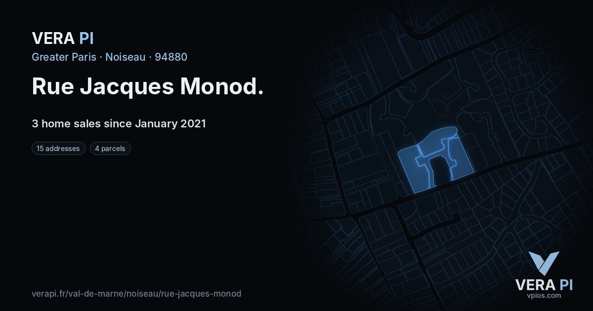 Rue Jacques Monod, Noiseau at night – every parcel coloured by the prices around it, the street's own parcels lit