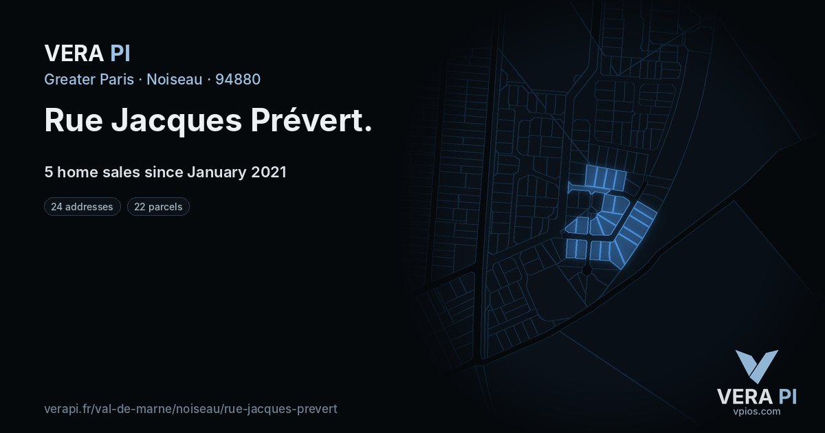 Rue Jacques Prévert, Noiseau at night – every parcel coloured by the prices around it, the street's own parcels lit