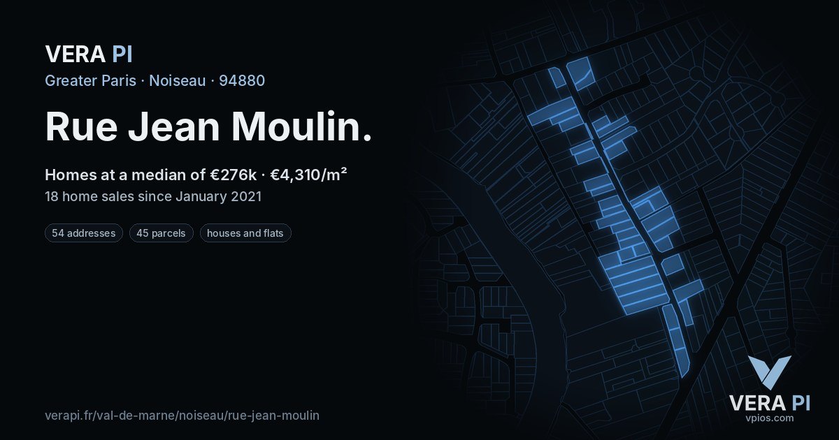 Rue Jean Moulin, Noiseau at night – every parcel coloured by the prices around it, the street's own parcels lit