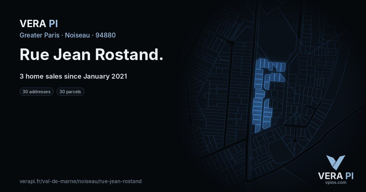 Rue Jean Rostand, Noiseau at night – every parcel coloured by the prices around it, the street's own parcels lit