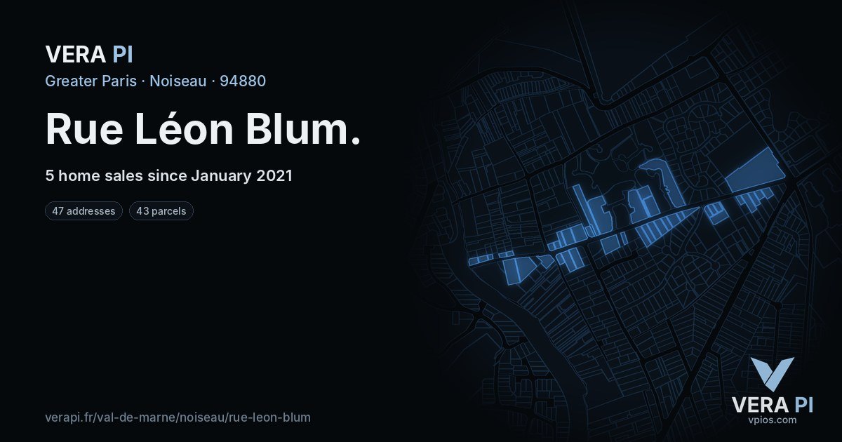 Rue Léon Blum, Noiseau at night – every parcel coloured by the prices around it, the street's own parcels lit