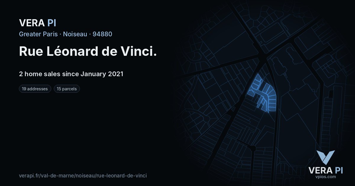 Rue Léonard de Vinci, Noiseau at night – every parcel coloured by the prices around it, the street's own parcels lit