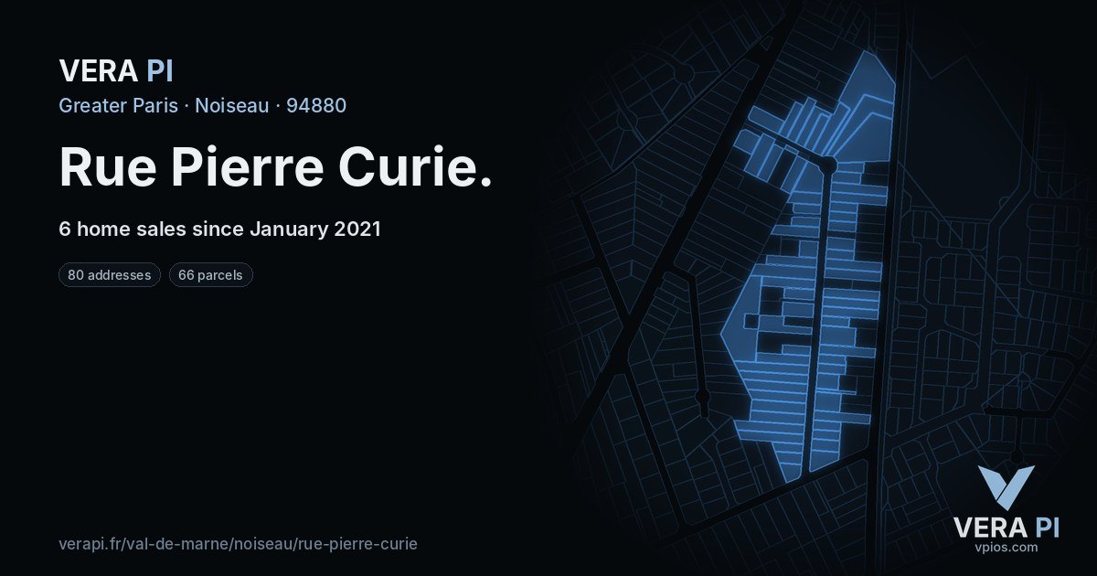 Rue Pierre Curie, Noiseau at night – every parcel coloured by the prices around it, the street's own parcels lit