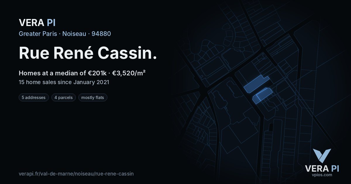 Rue René Cassin, Noiseau at night – every parcel coloured by the prices around it, the street's own parcels lit