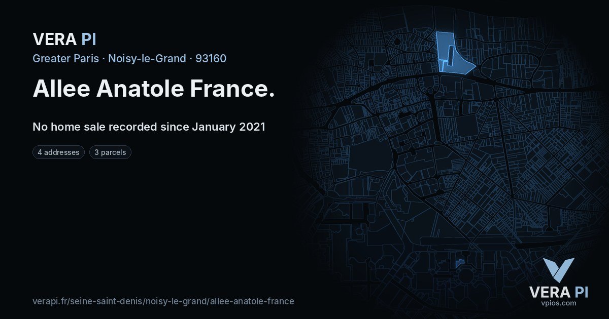 Allee Anatole France, Noisy-le-Grand at night – every parcel coloured by the prices around it, the street's own parcels lit