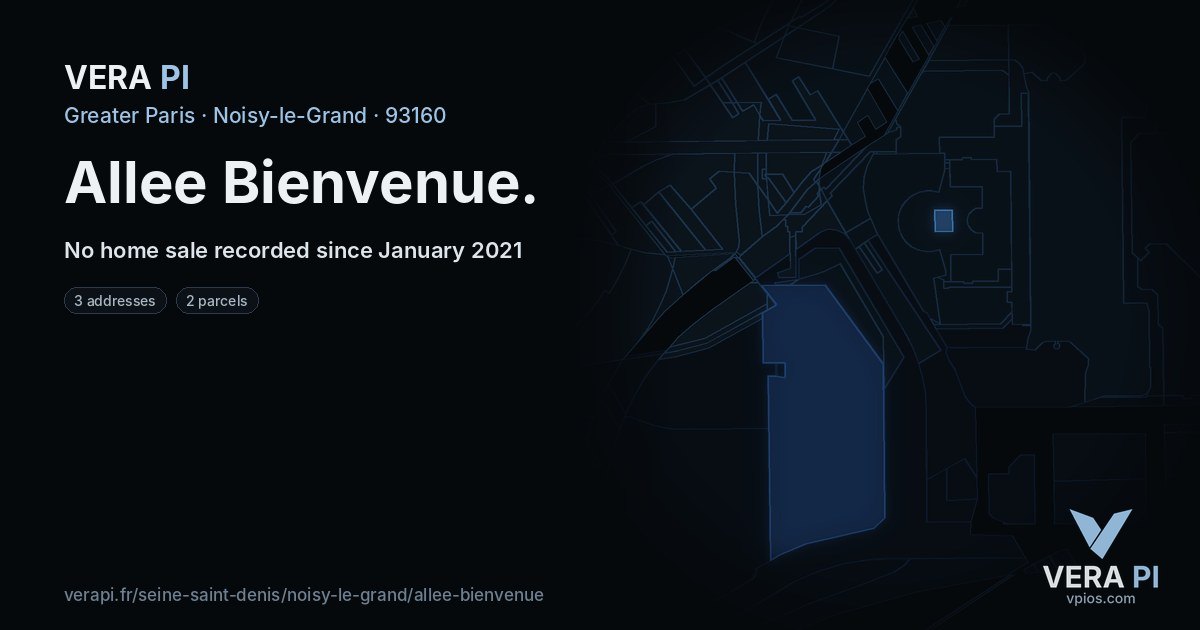 Allee Bienvenue, Noisy-le-Grand at night – every parcel coloured by the prices around it, the street's own parcels lit