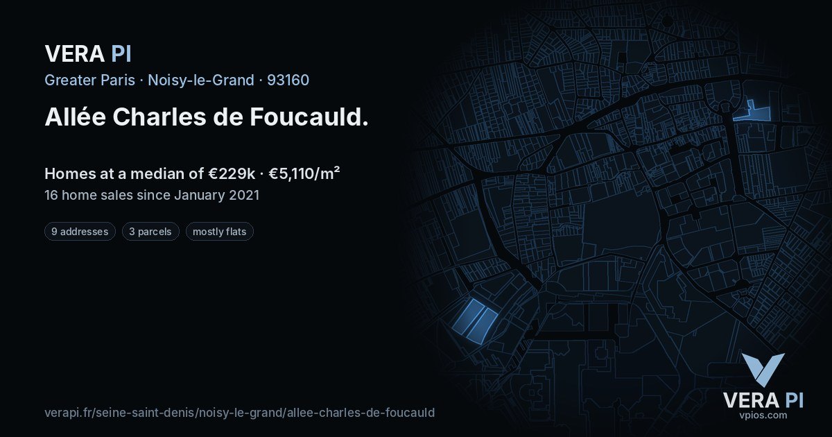 Allée Charles de Foucauld, Noisy-le-Grand at night – every parcel coloured by the prices around it, the street's own parcels lit