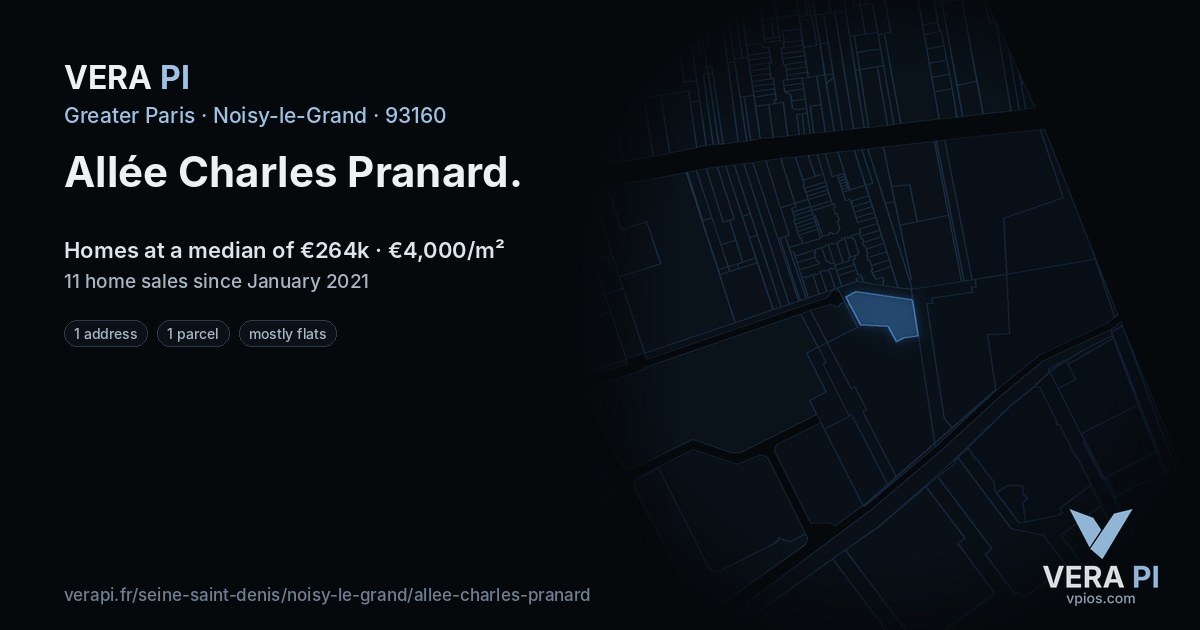 Allée Charles Pranard, Noisy-le-Grand at night – every parcel coloured by the prices around it, the street's own parcels lit