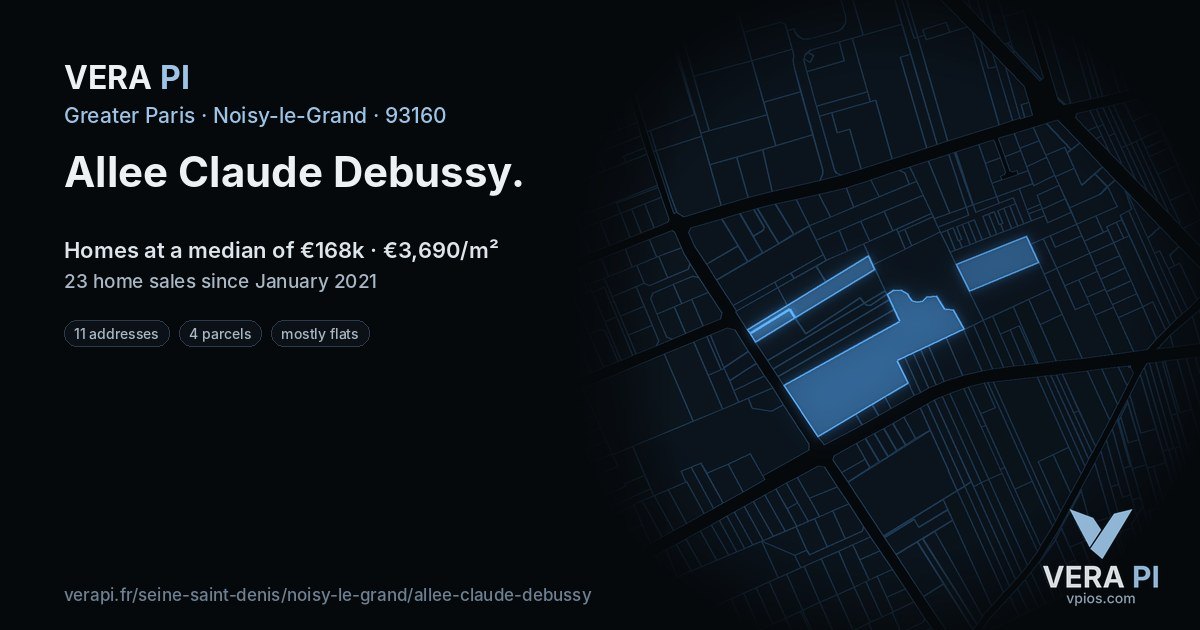 Allee Claude Debussy, Noisy-le-Grand at night – every parcel coloured by the prices around it, the street's own parcels lit