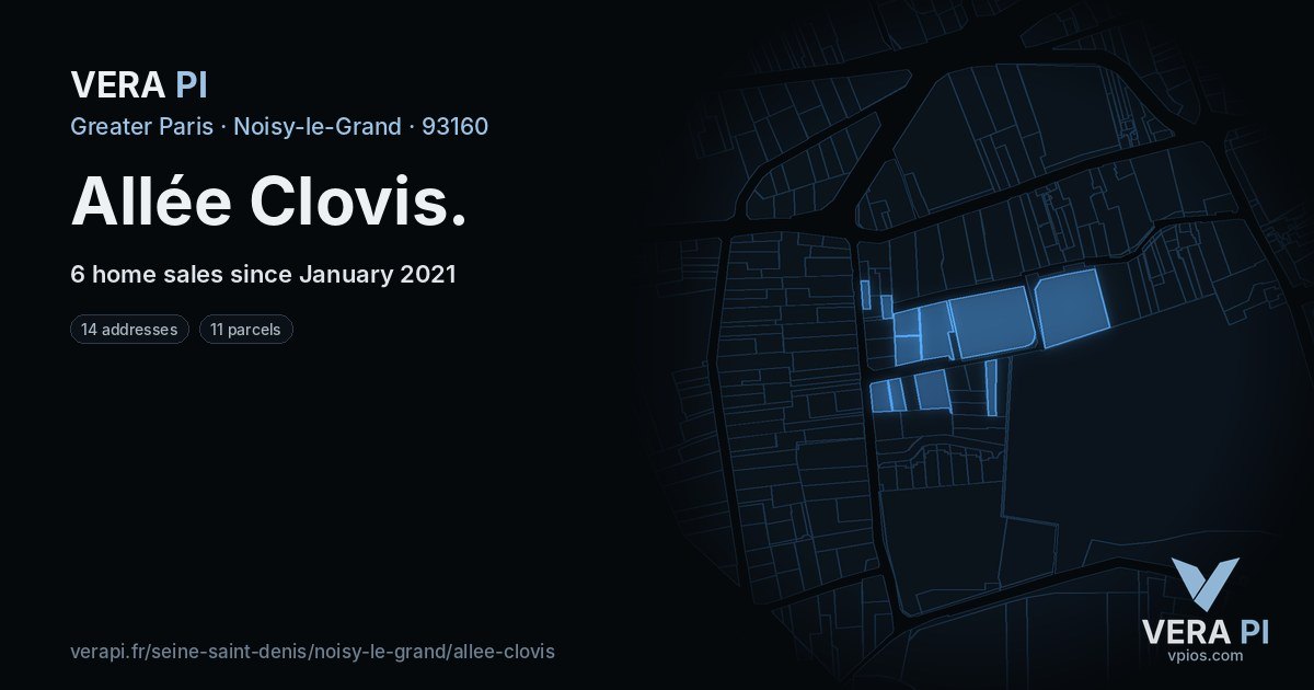 Allée Clovis, Noisy-le-Grand at night – every parcel coloured by the prices around it, the street's own parcels lit