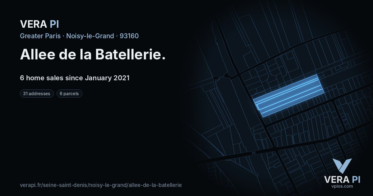 Allee de la Batellerie, Noisy-le-Grand at night – every parcel coloured by the prices around it, the street's own parcels lit
