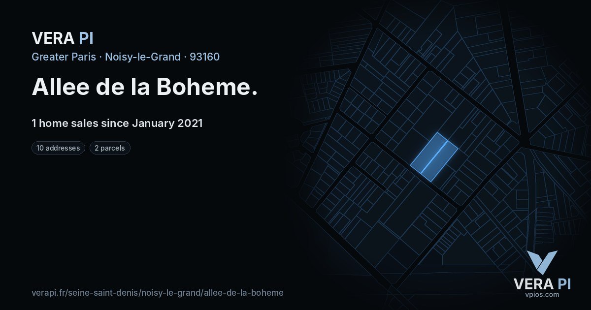 Allee de la Boheme, Noisy-le-Grand at night – every parcel coloured by the prices around it, the street's own parcels lit