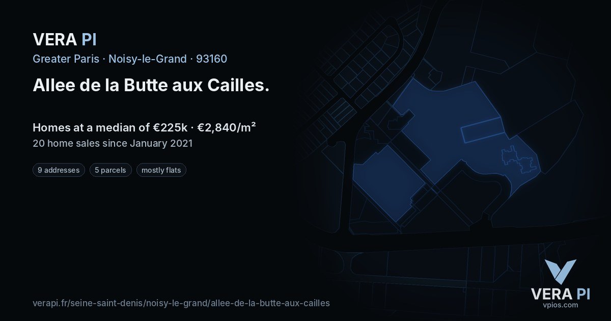 Allee de la Butte aux Cailles, Noisy-le-Grand at night – every parcel coloured by the prices around it, the street's own parcels lit