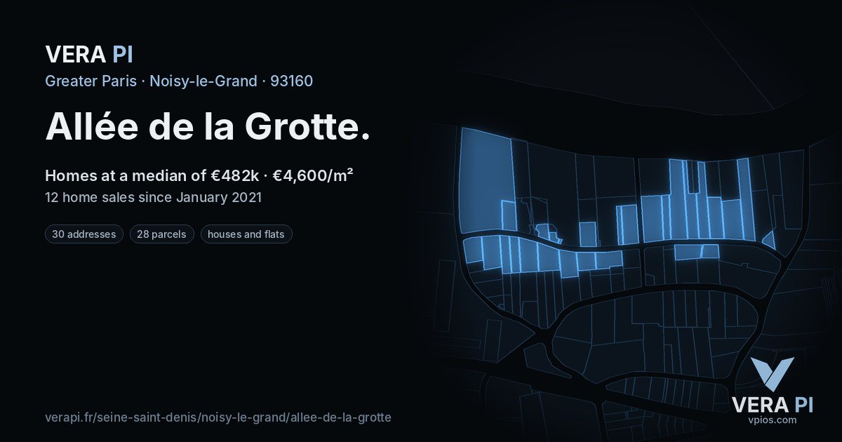 Allée de la Grotte, Noisy-le-Grand at night – every parcel coloured by the prices around it, the street's own parcels lit