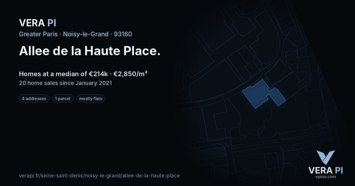 Allee de la Haute Place, Noisy-le-Grand at night – every parcel coloured by the prices around it, the street's own parcels lit