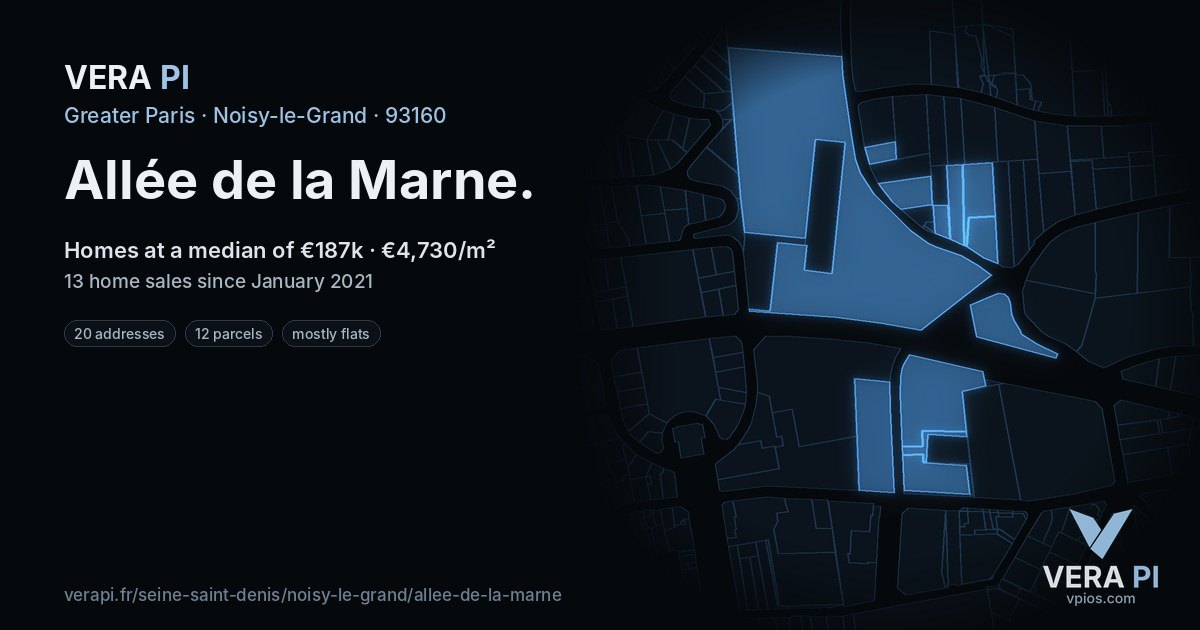 Allée de la Marne, Noisy-le-Grand at night – every parcel coloured by the prices around it, the street's own parcels lit