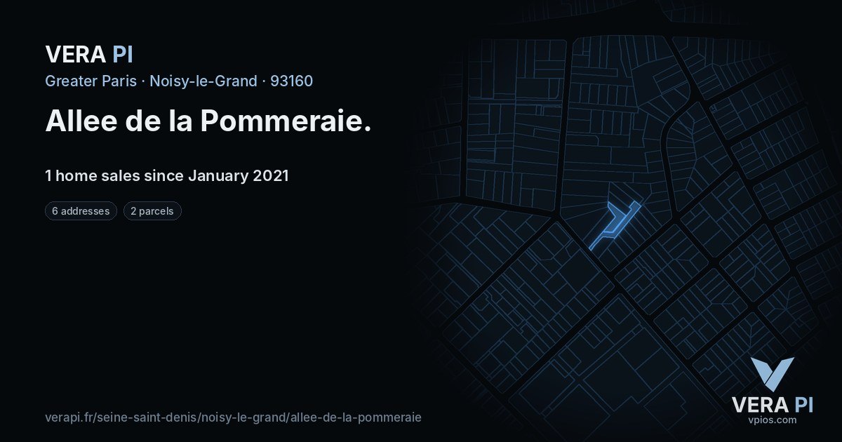Allee de la Pommeraie, Noisy-le-Grand at night – every parcel coloured by the prices around it, the street's own parcels lit