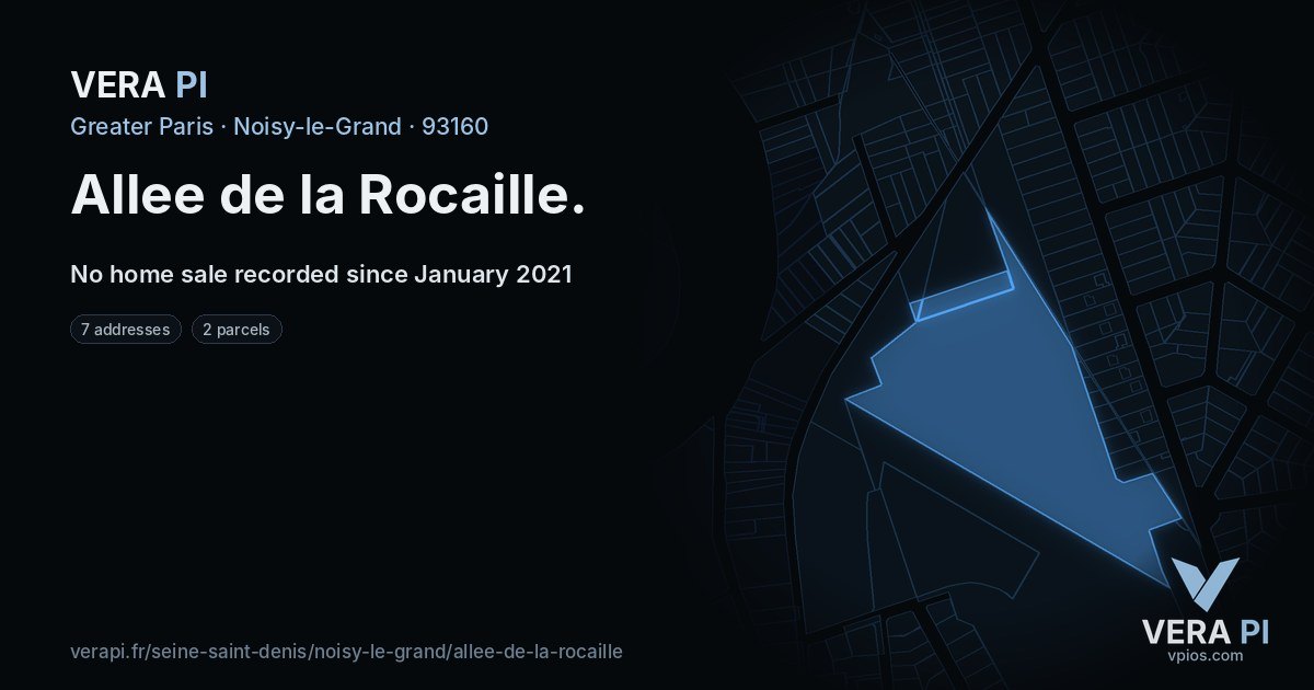 Allee de la Rocaille, Noisy-le-Grand at night – every parcel coloured by the prices around it, the street's own parcels lit