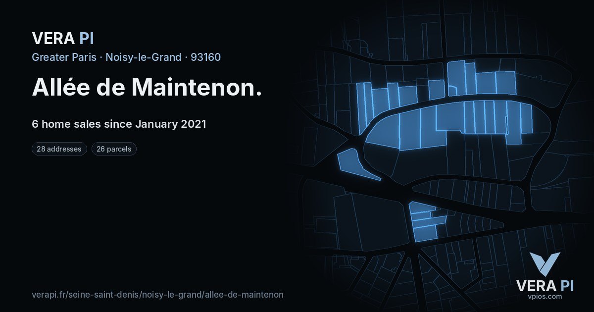 Allée de Maintenon, Noisy-le-Grand at night – every parcel coloured by the prices around it, the street's own parcels lit
