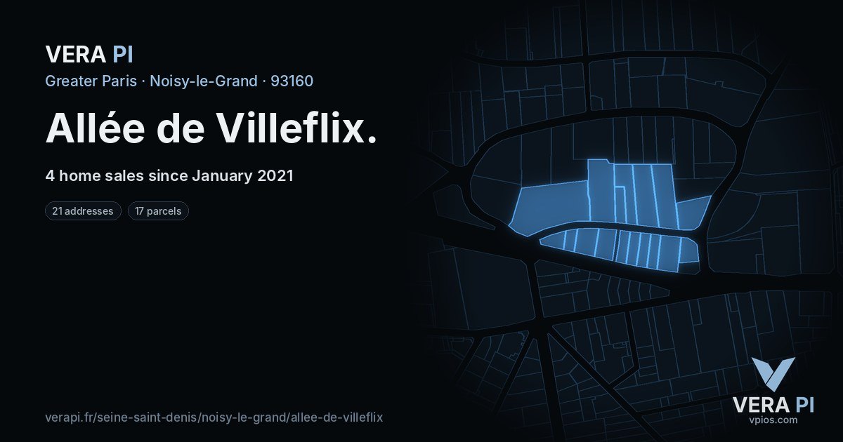 Allée de Villeflix, Noisy-le-Grand at night – every parcel coloured by the prices around it, the street's own parcels lit