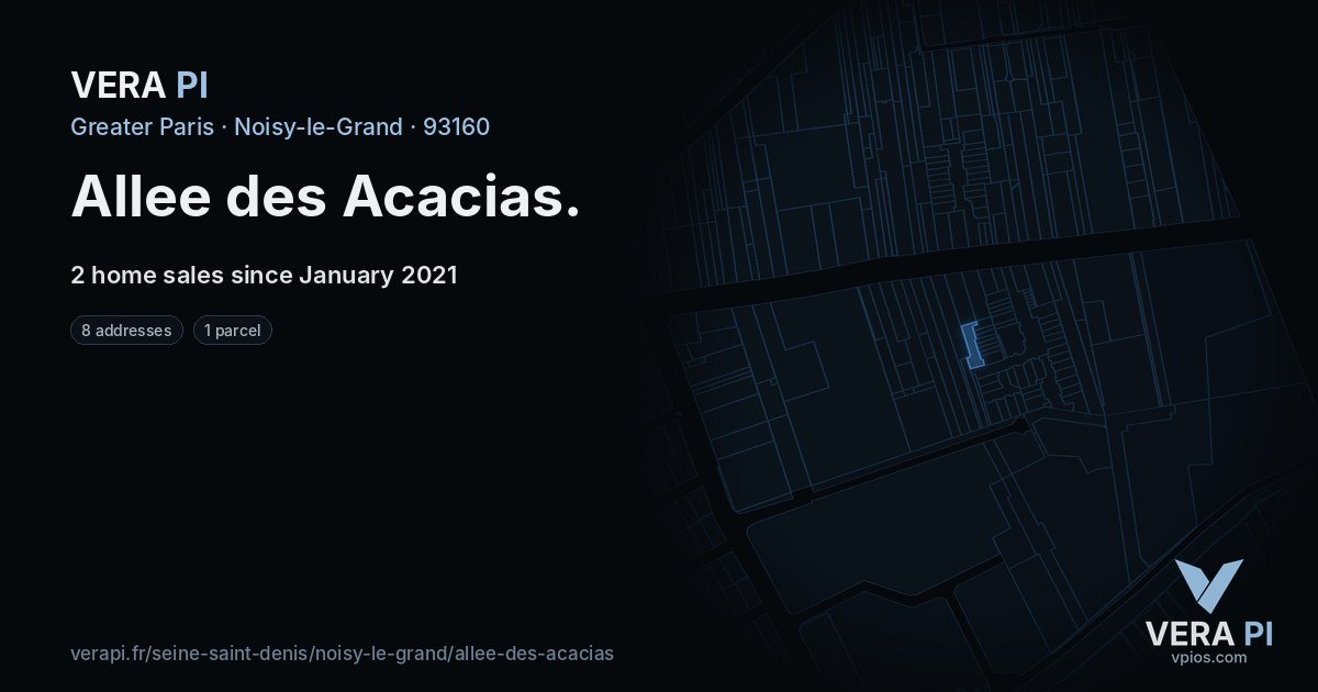 Allee des Acacias, Noisy-le-Grand at night – every parcel coloured by the prices around it, the street's own parcels lit