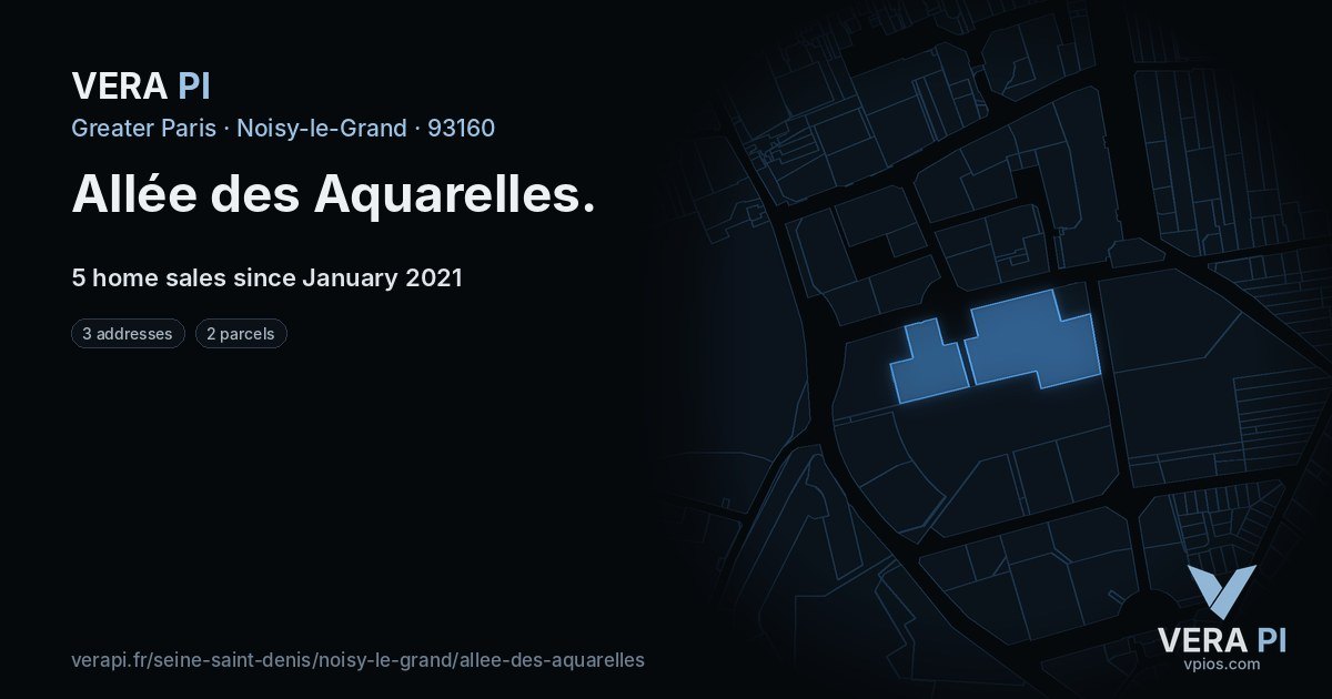 Allée des Aquarelles, Noisy-le-Grand at night – every parcel coloured by the prices around it, the street's own parcels lit