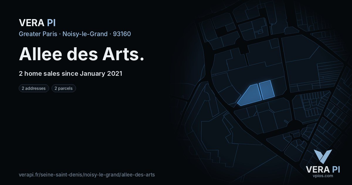 Allee des Arts, Noisy-le-Grand at night – every parcel coloured by the prices around it, the street's own parcels lit