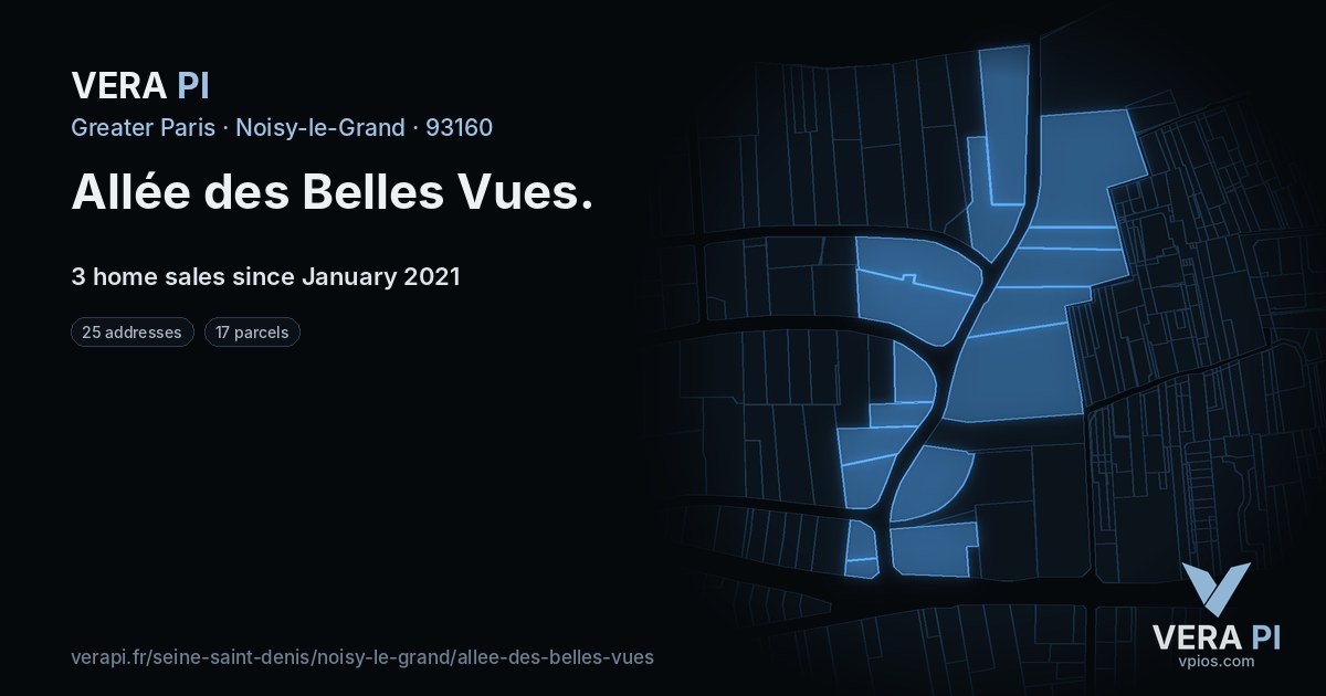Allée des Belles Vues, Noisy-le-Grand at night – every parcel coloured by the prices around it, the street's own parcels lit