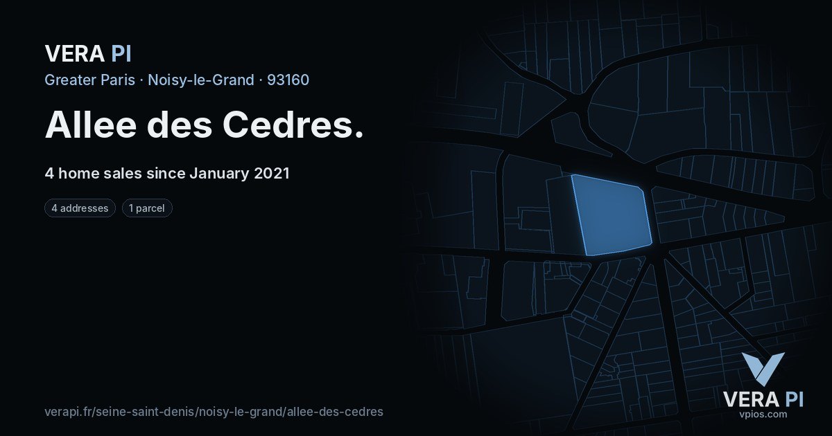 Allee des Cedres, Noisy-le-Grand at night – every parcel coloured by the prices around it, the street's own parcels lit