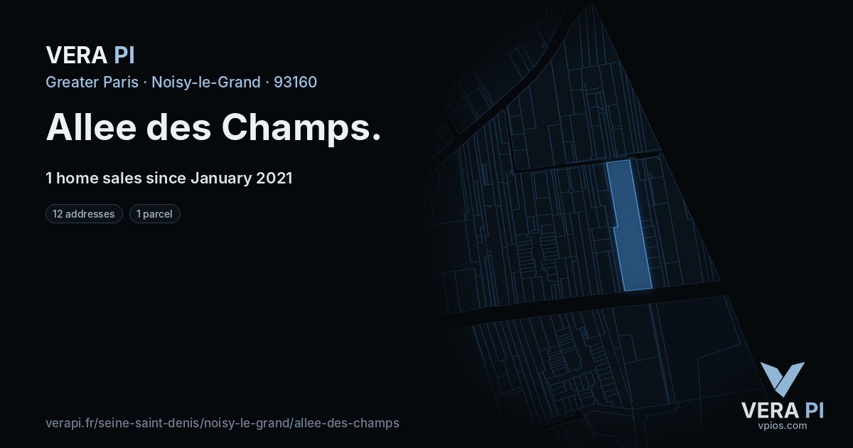 Allee des Champs, Noisy-le-Grand at night – every parcel coloured by the prices around it, the street's own parcels lit