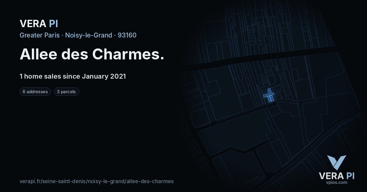 Allee des Charmes, Noisy-le-Grand at night – every parcel coloured by the prices around it, the street's own parcels lit