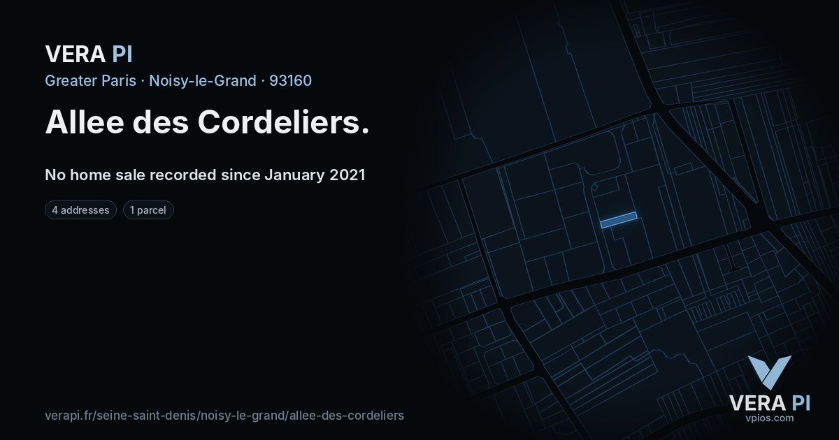 Allee des Cordeliers, Noisy-le-Grand at night – every parcel coloured by the prices around it, the street's own parcels lit
