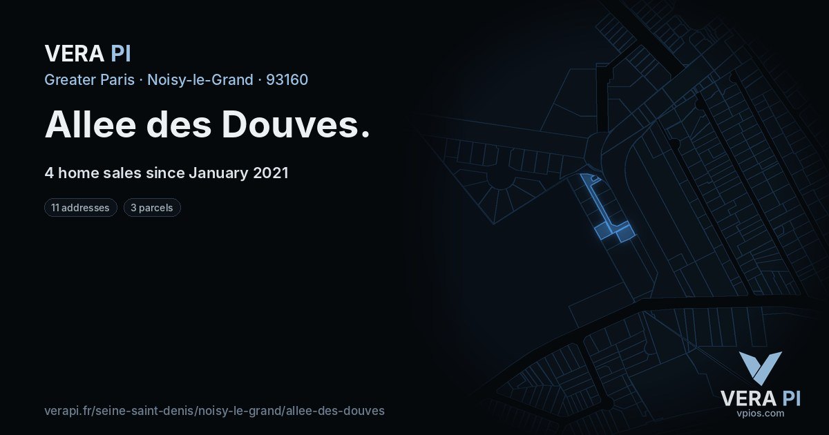 Allee des Douves, Noisy-le-Grand at night – every parcel coloured by the prices around it, the street's own parcels lit