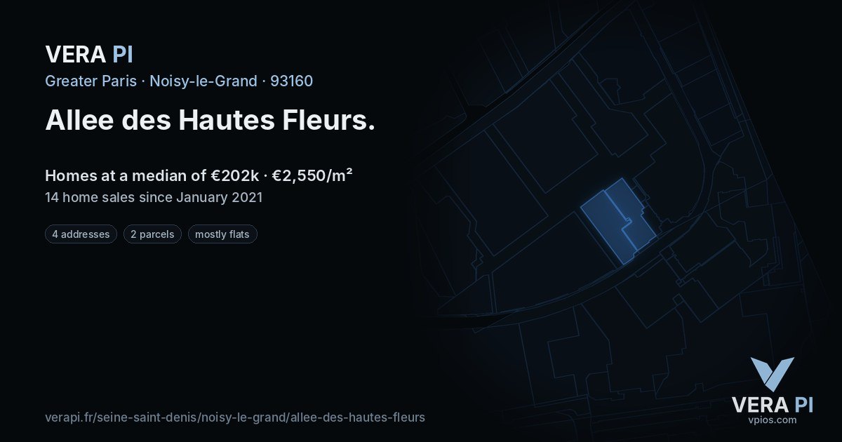 Allee des Hautes Fleurs, Noisy-le-Grand at night – every parcel coloured by the prices around it, the street's own parcels lit