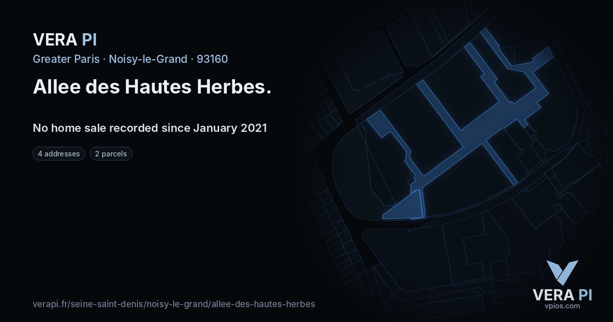 Allee des Hautes Herbes, Noisy-le-Grand at night – every parcel coloured by the prices around it, the street's own parcels lit